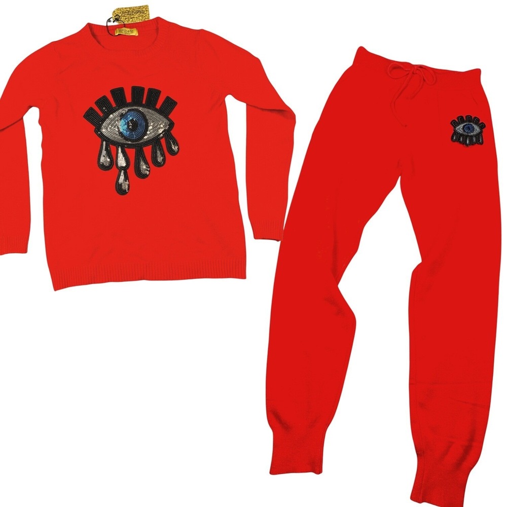 Vinizbena Women's L Red Sequin Evil Eye Motif Sweater‎ Jogger Lounge Casual Set